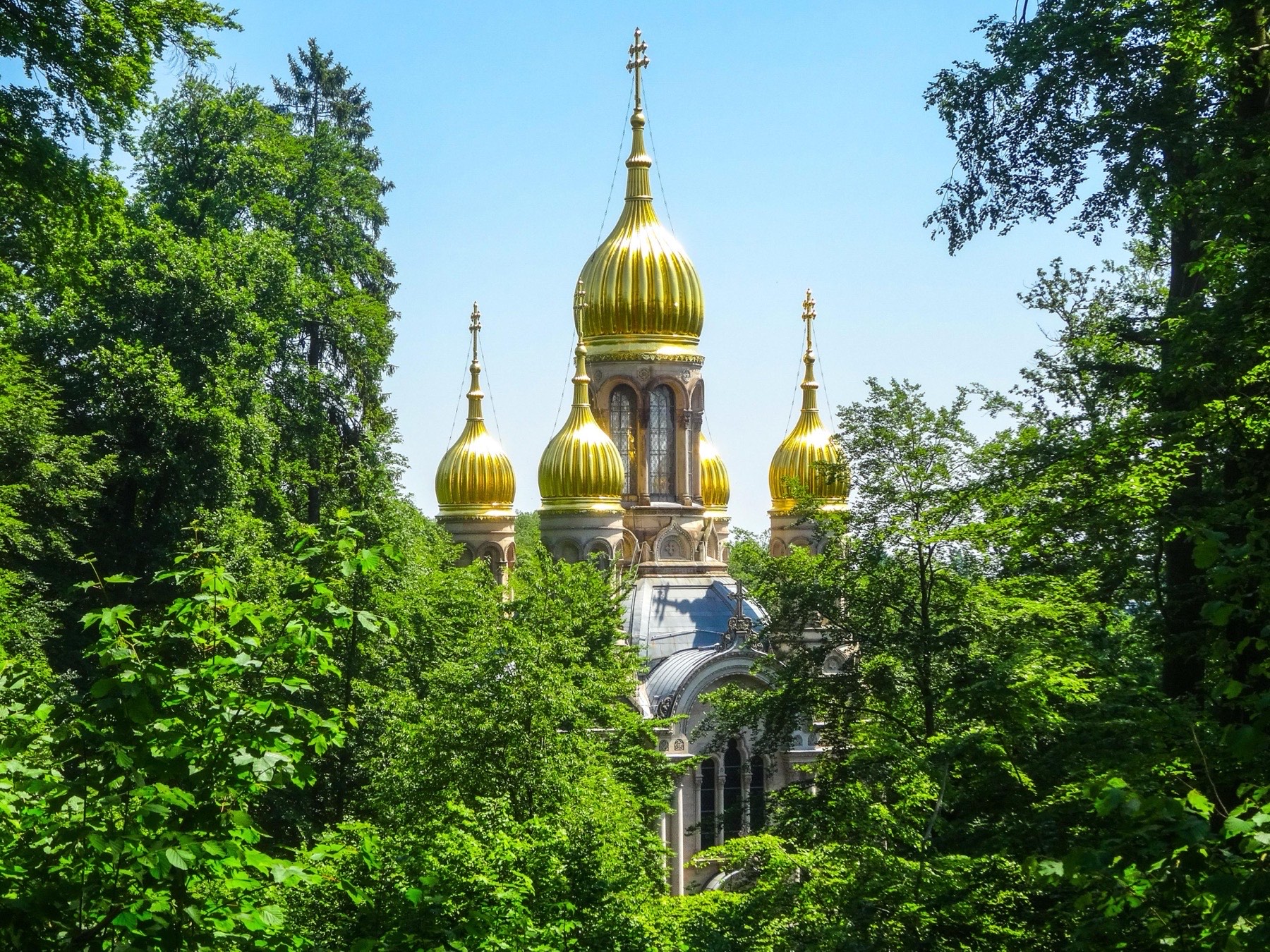 Goldene Kuppeln der russisch-orthodoxen Kirche in Wiesbaden, umgeben von Bäumen